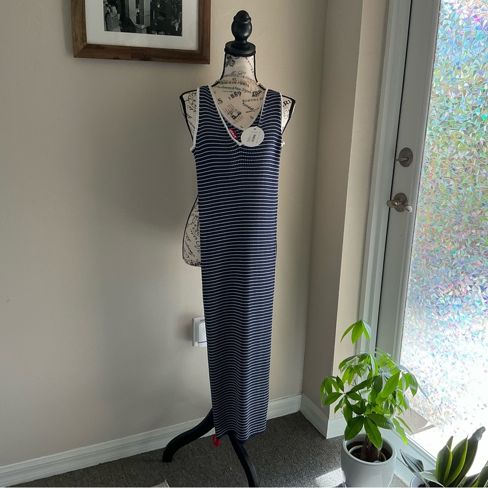 STAUD Navy and White Striped Maxi Dress